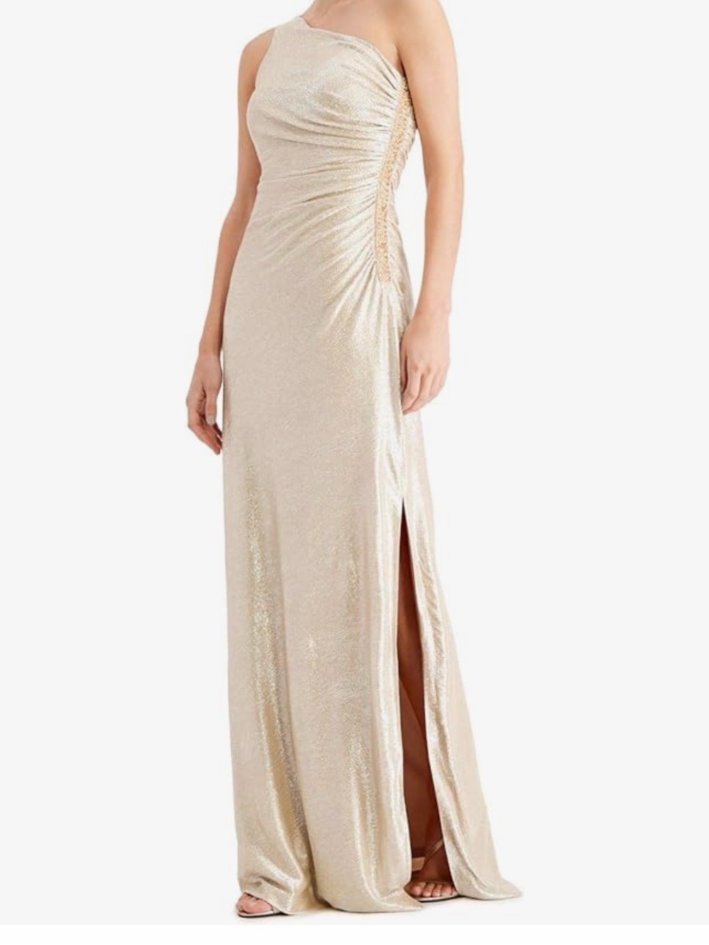 Calvin Klein One-Shoulder Shimmery Cream Evening Gown